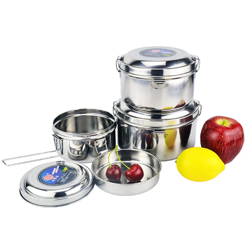 Camping ronda caja de almuerzo de picnic al aire libre de doble-capa portátil de acero inoxidable olla engrosada 1L-1.5L vajilla