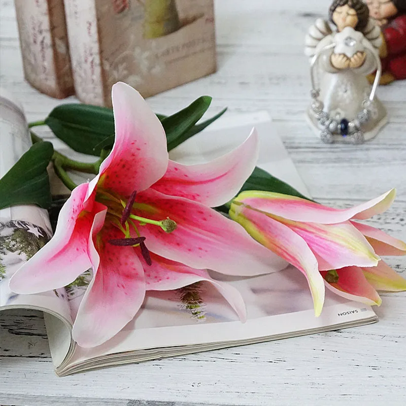 2 Big Heads Silk Lily Artificial Flowers High Quality Fake Flower Branch Decoration for Wedding House Festival Decor Home A5100