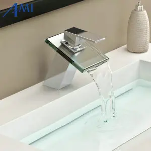 

Bathroom sink basin mixer tap chromed brass square glass waterfall Faucet BF036