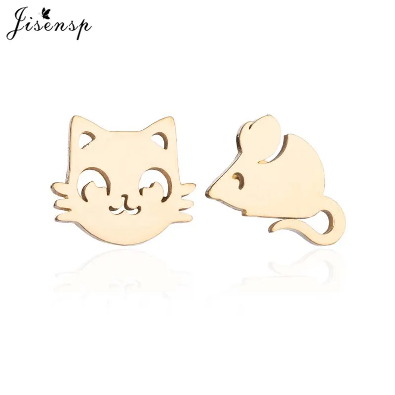 Jisensp классические асимметричные серьги-гвоздики с животными для девочек с милым рисунком кота и мышки, детские ювелирные изделия, подарок