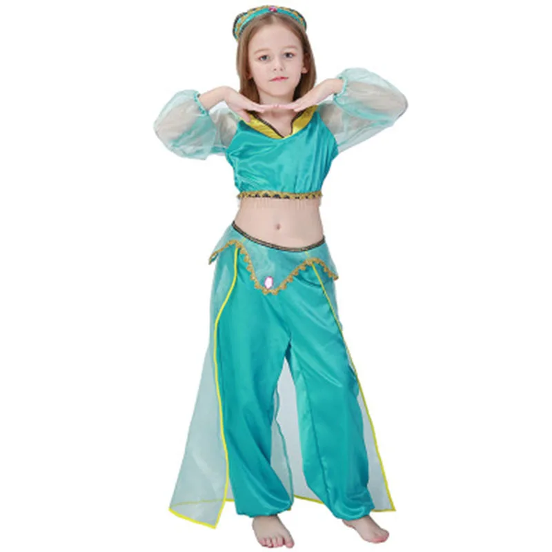 Aladdin's Lamp Jasmine Halloween Green Арабские костюмы для девочек детское платье для танца живота индийская танцевальная одежда Гибкая яркая изящная