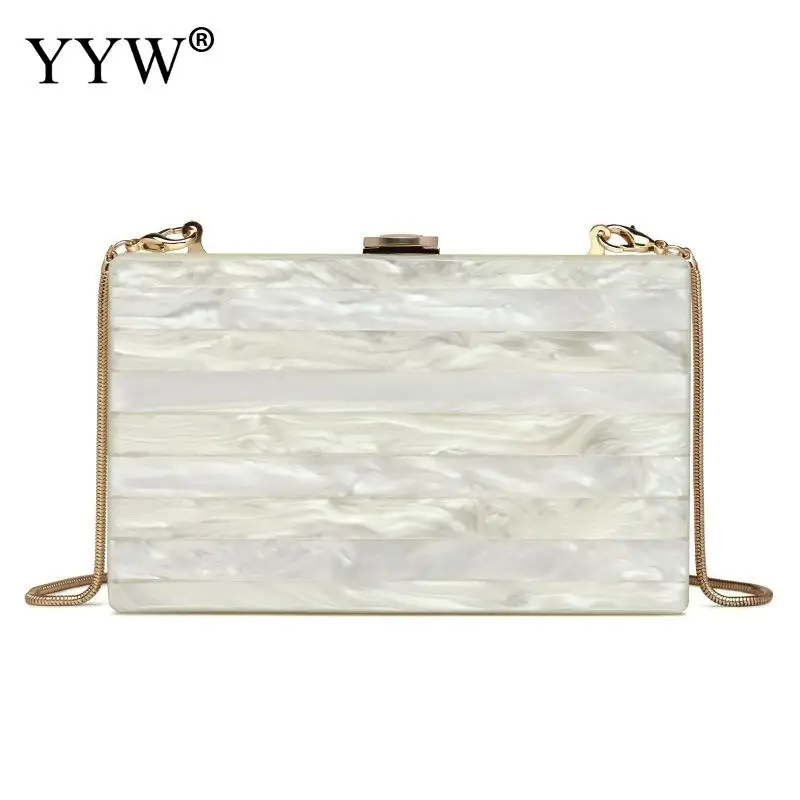 

Women Shoulder Bags Hard Day Clutches Bags Wedding Party Evening Purse 2019 New Acrylic Strap Marbling White Clutch Chain Box