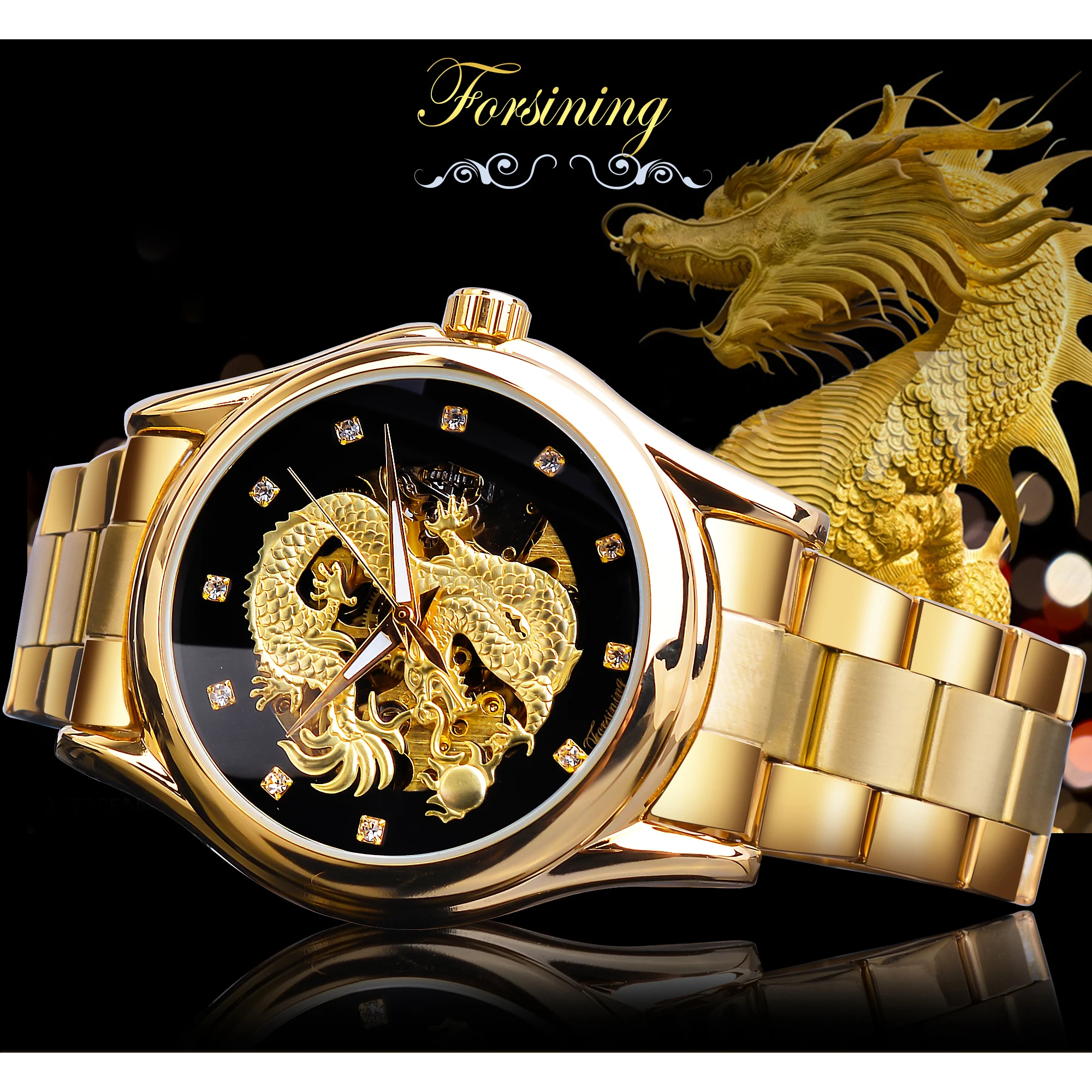 Forsining Роскошные автоматические механические часы Dragon Skeleton мужские наручные с