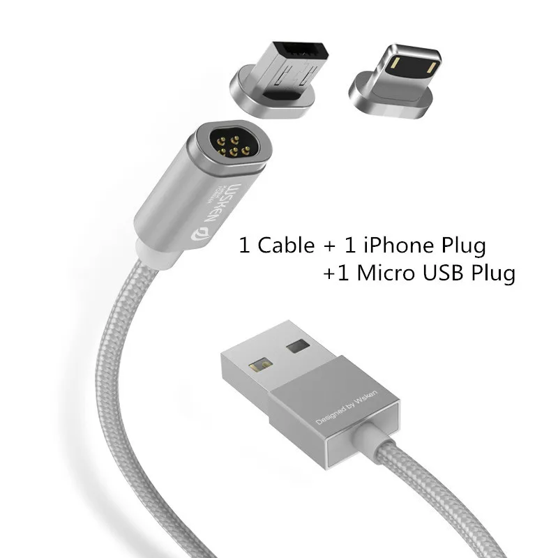 Wsken Mini 2 металлический Магнитный зарядный кабель для iPhone samsung htc 8Pin и Micro USB штекер нейлоновый плетеный провод x-кабель кабели для зарядки - Цвет: For IOS and Android