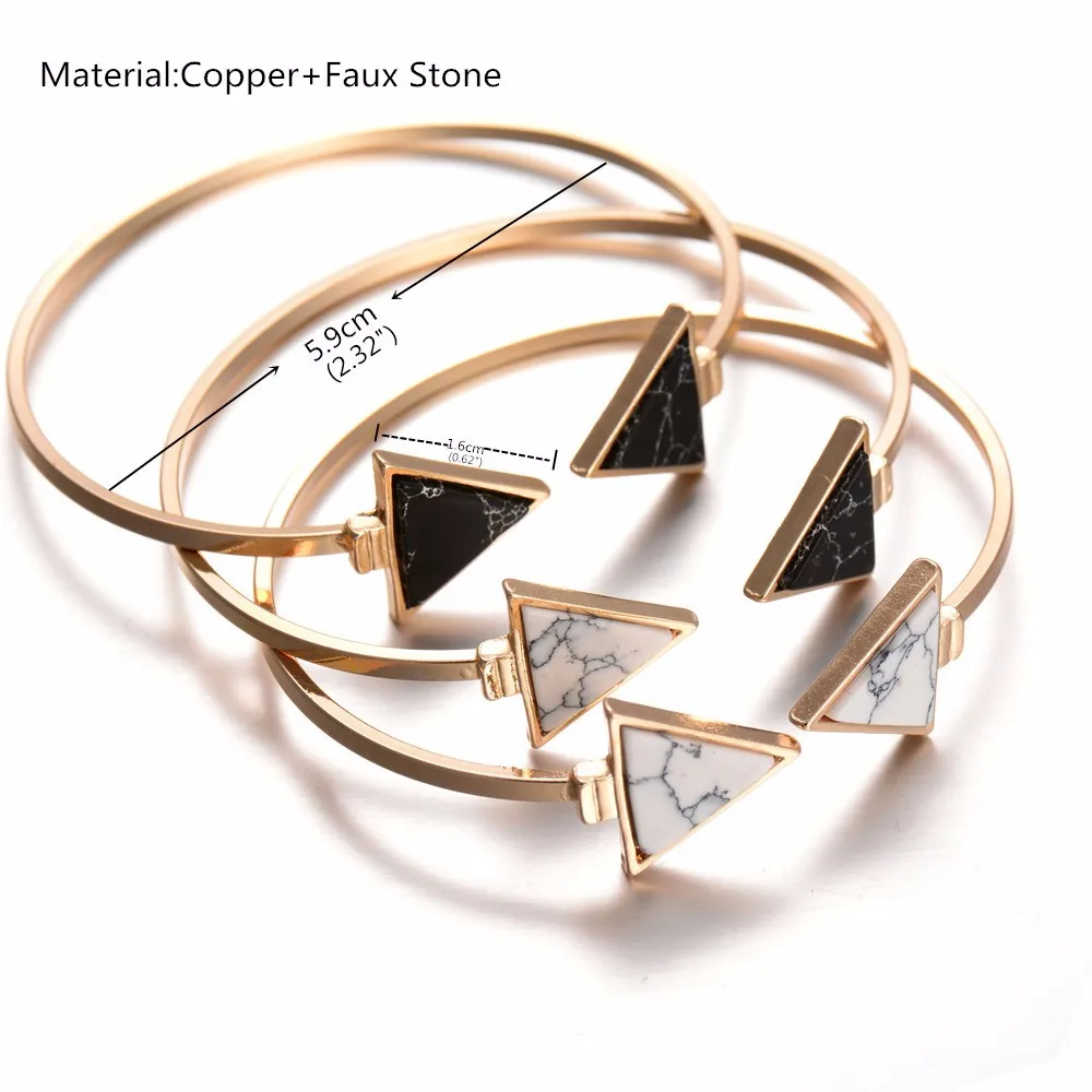 Высокое качество Модный золотой цвет черный белый камень геометрический треугольник открытый манжета браслет панка искусственный мрамор каменные браслеты