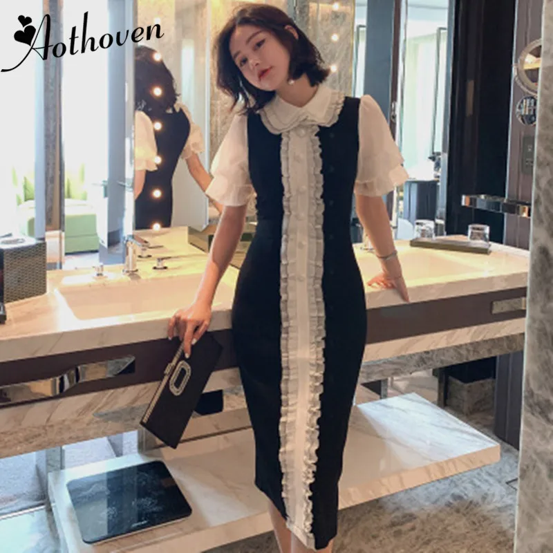 

Summer Patchwork Bodycon Classy Dress Women Peter Pan Collar Short Sleeve Elegant Dress for Women Sexy Party Office Dresses