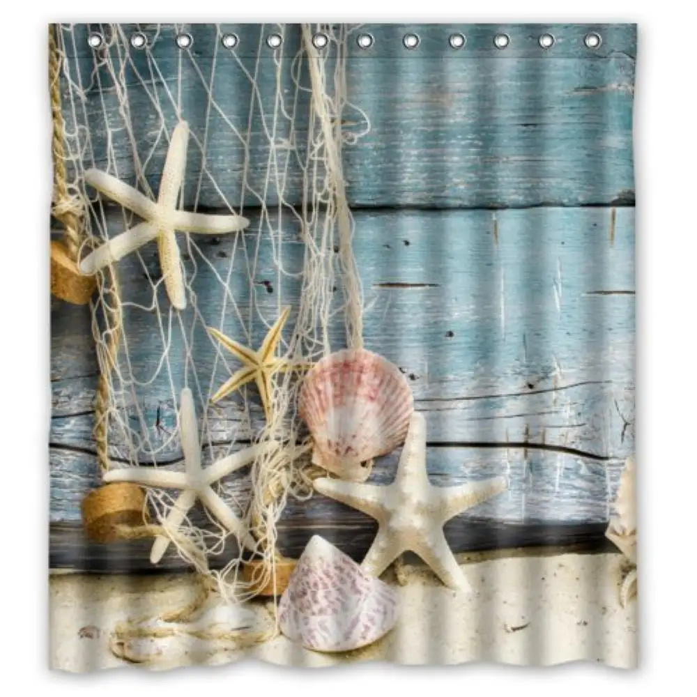 

Seashells Starfish Around The Sand Wood custom Shower Curtain Pattern Waterproof Fabric Shower Curtain For Bathroom 66*72inch