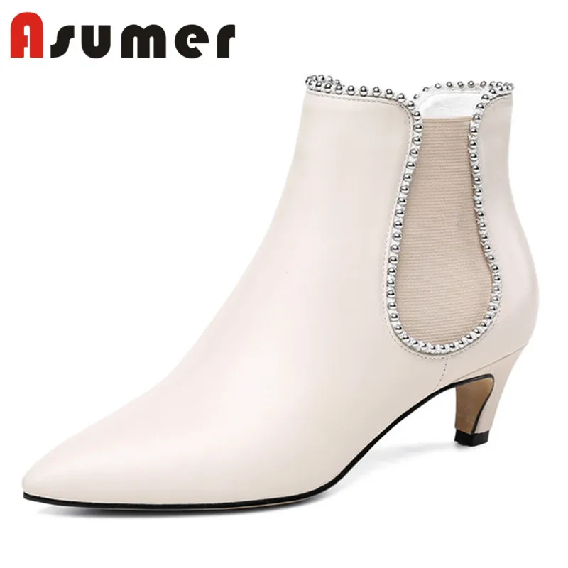 

ASUMER NEW 2018 fashion pointed toe ankle boots for women elastic band shallow boots solid simple winter genuien leather boots