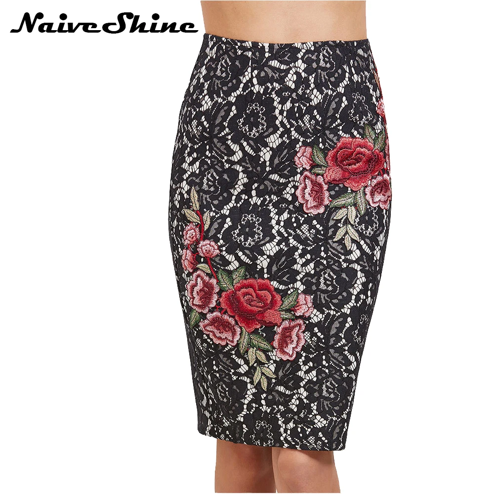 

Naive Shine High Waist Elegant Vintage Womens Skirt Lace Embroidery Floral Ladies Bodycon Pencil Femal Office Party Skirts Saias