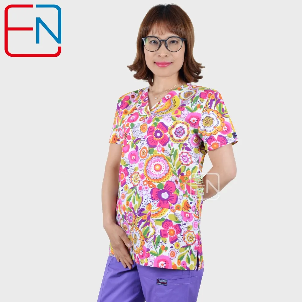

Hennar Women Medical Scrub Top V-Neck 100% Cotton Print Hospital Medical Uniforms Clinical Surgical Women's Scrubs Tops