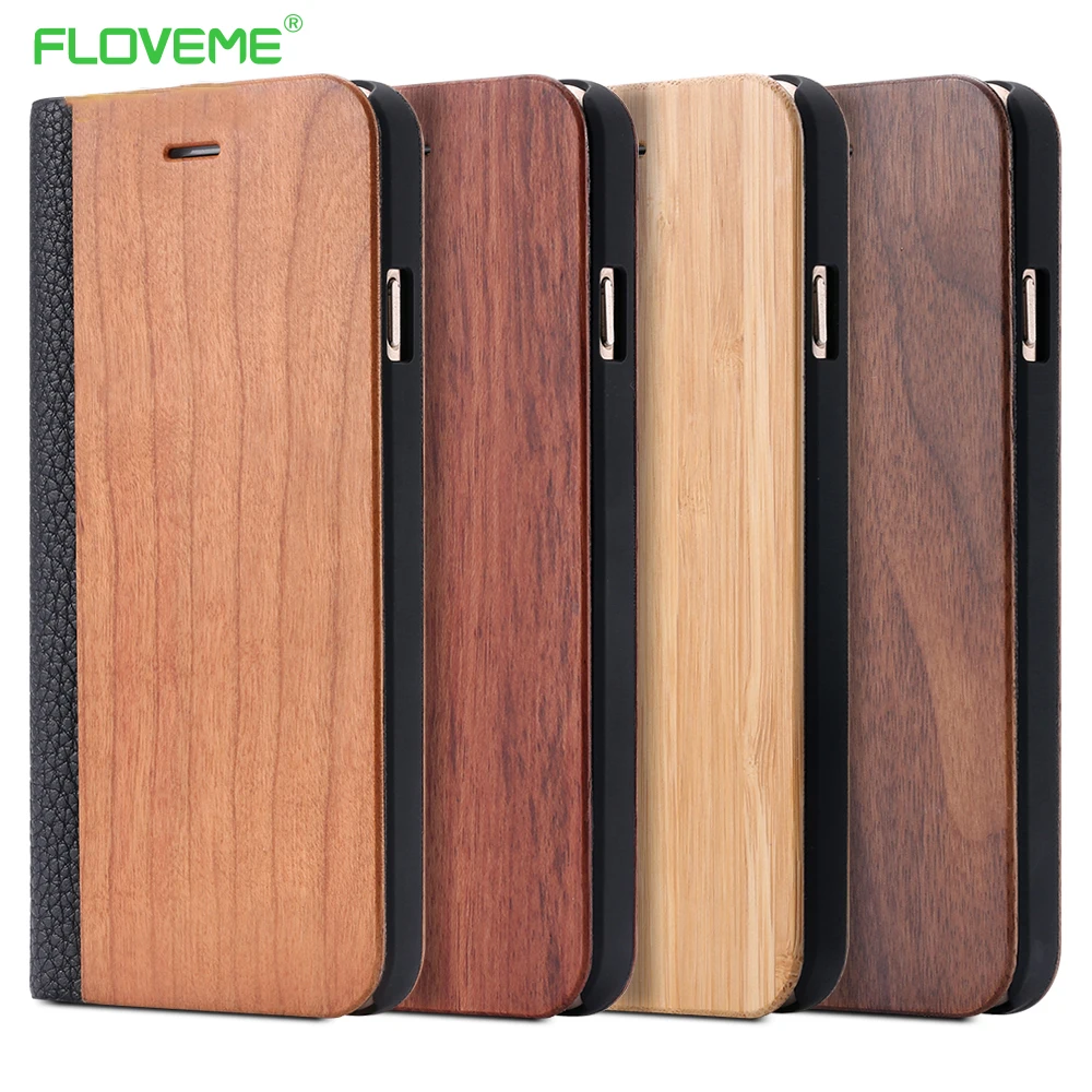 

FLOVEME Leather Wallet Case For iPhone X XS Max XR XS Bamboo Natural Wood Flip Case For iPhone 6 6S Plus 7 8 Plus Cover Capinhas