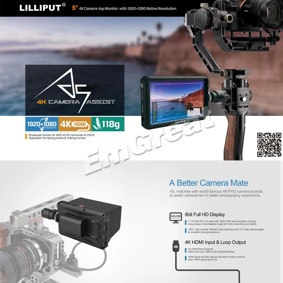 Lilliput A5 5 дюймов только 118g FHD 1920x1080 4K HDMI на камеру полевой монитор вещания монитор для Canon Nikon sony Zhiyun Gimbal