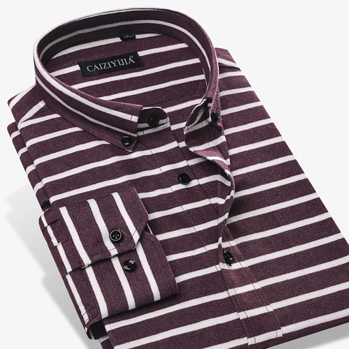 Men's Cotton Horizontal Stripe Dress Shirt No pocket Long Sleeve Slim fit Button down
