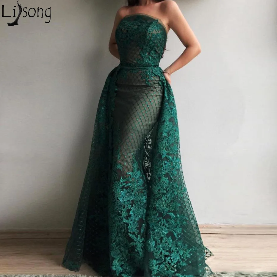 Dark Green Mermaid Prom Dresses Off the Shoulder Overskirt Appliques