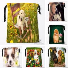 Пользовательские щенок с белыми цветами мешки Drawstring печати Путешествия хранения мини-сумка Плавание Пеший Туризм игрушки мешок Размеры 18x22 см#180412-11-96