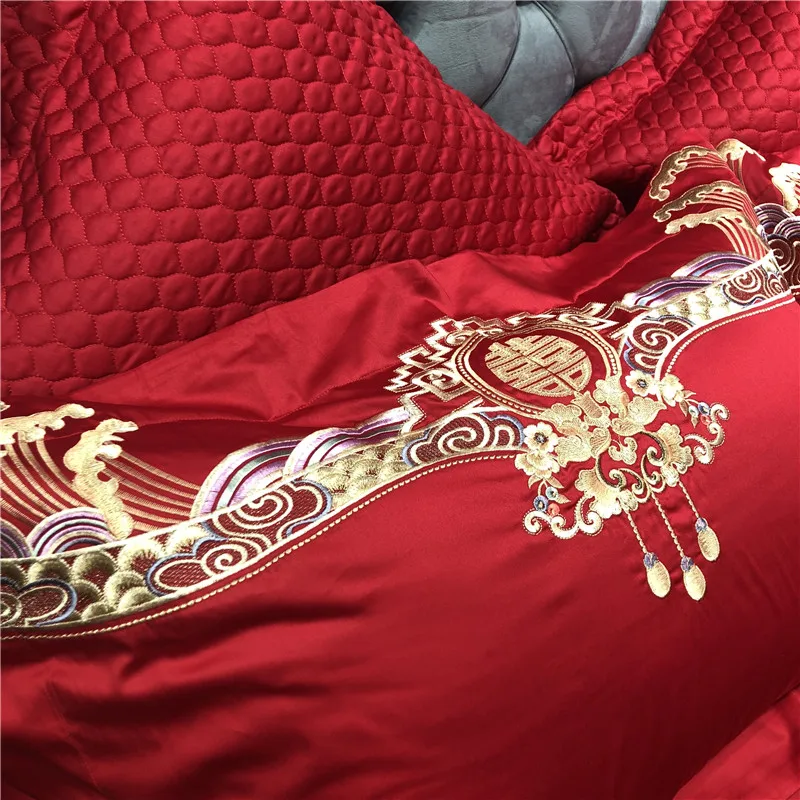 Новые роскошные свадебные Стиль Золотой королевская вышивка 100 S из египетского хлопка Красный суд Постельное белье пододеяльник