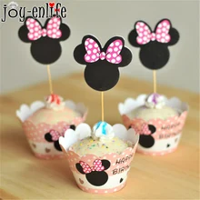 JOY-ENLIFE 24pcs Minnie Mouse Happy Birthday Cupcake Cake Wrappers Toppers Baby Shower Kids Birthday Party Decorative Supplies