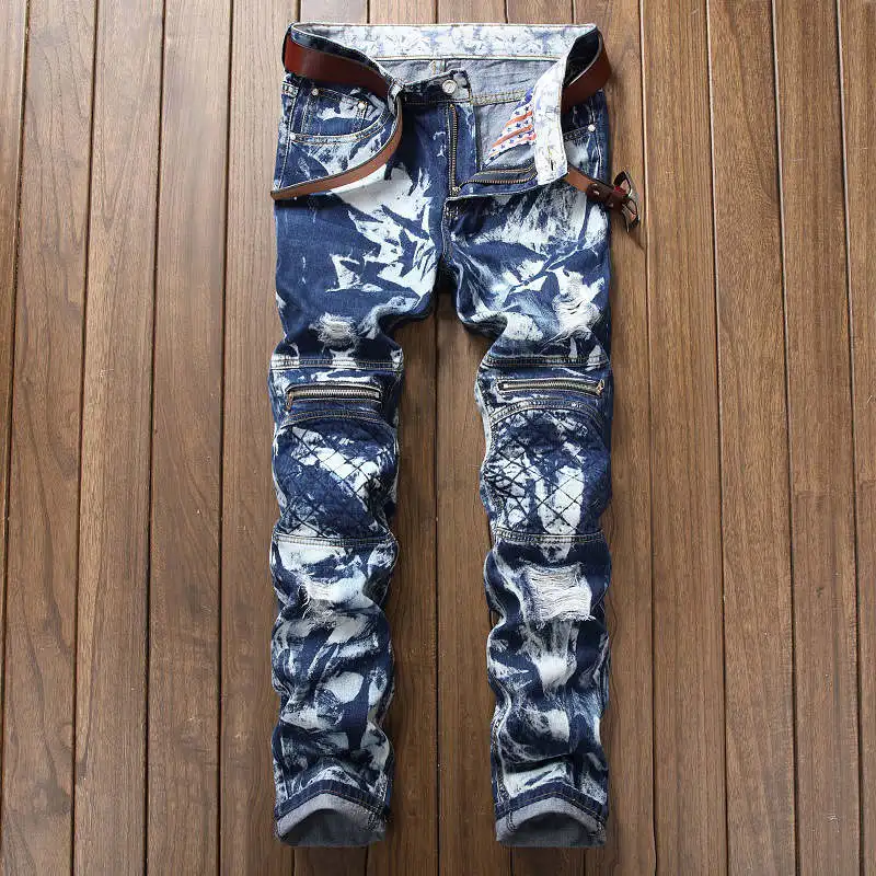 Blue White Printed Jeans Men Motorcycle Runway Zipper Slim Fit Washed Snowflakes Denim Pants Mens Ripped