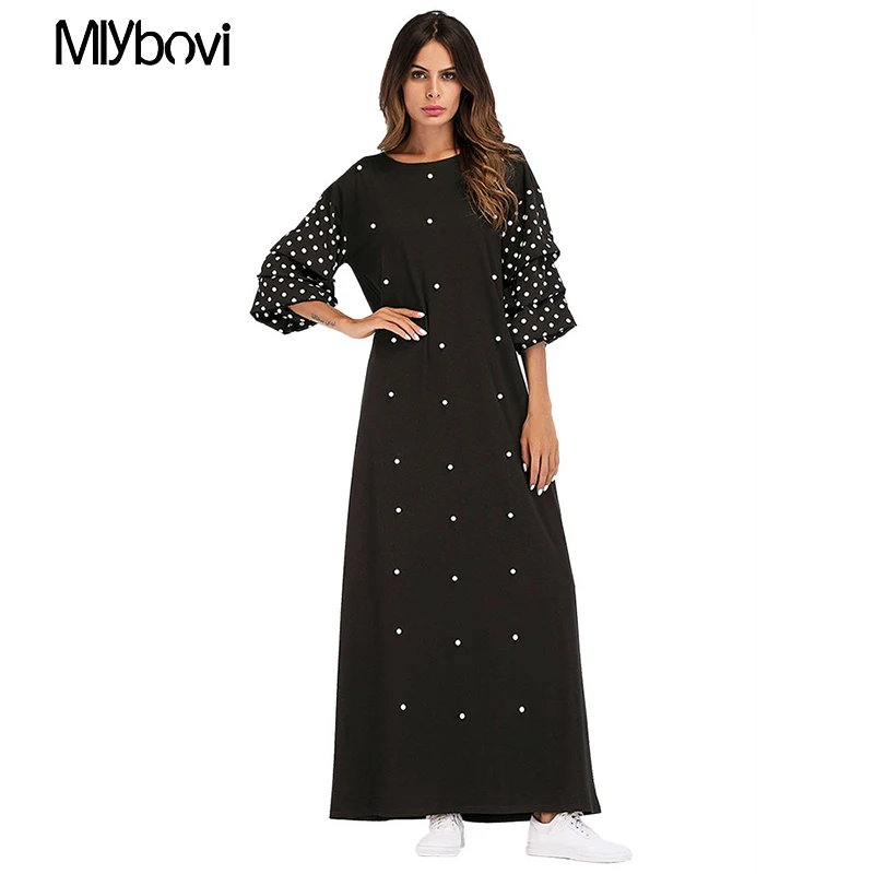 

Muslim Long Sleeve Dress With Polka Dot Women Kaftan Dubai Islamic Clothing plus size 2XL Beading Dress For Girls Muslim Robe
