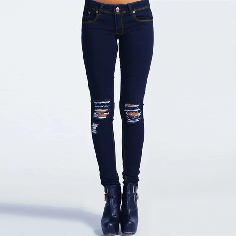 

Boyfriend Style Blue Hole Jeans Woman Skinny Ripped Jeans 2017 Spring Summer Europe Style Frazzle Women Tight Denim Pants