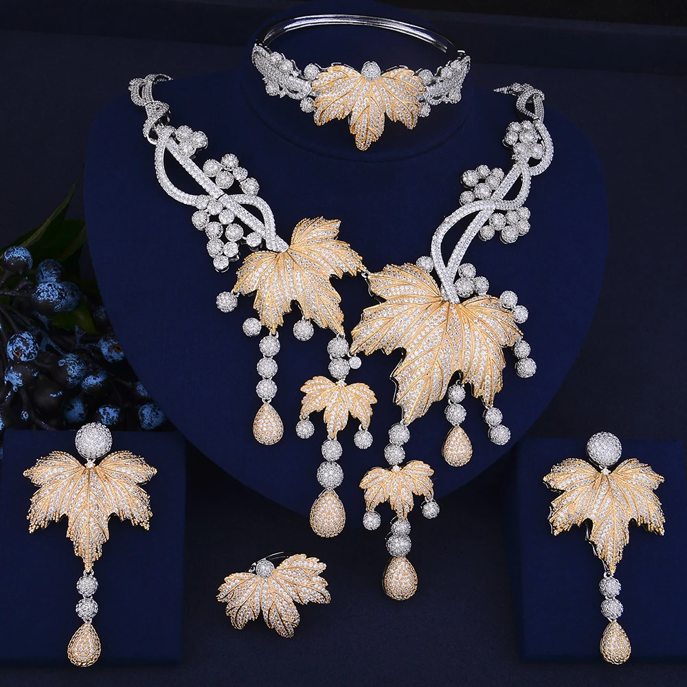 GODKI Elegant Luxury Big Leafs Ring Necklace Earrings Bracelet Jewelry Set Mini Cubic Zirconia Wedding Anniversary Accessories
