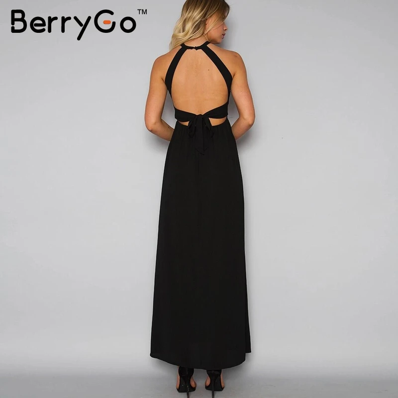 BerryGo Embroidery halter backless long dress women Sexy high split long dress 2017 Party christmas black vintage dress femme BerryGo Embroidery halter backless long dress women Sexy high split long dress 2017 Party christmas black vintage dress femme