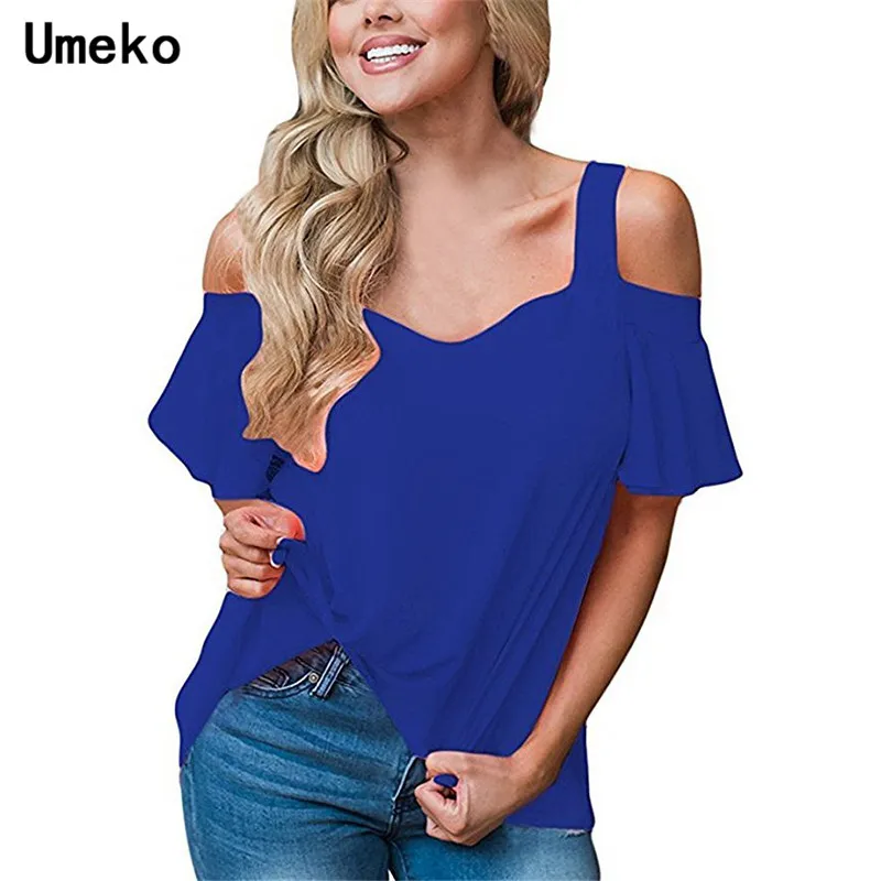 

Umeko Casual Women Blouses Sexy V-neck Solid Color Off The Shoulder Blouse Summer Fashion Beachwear 2019 Tops Shirts Mujer