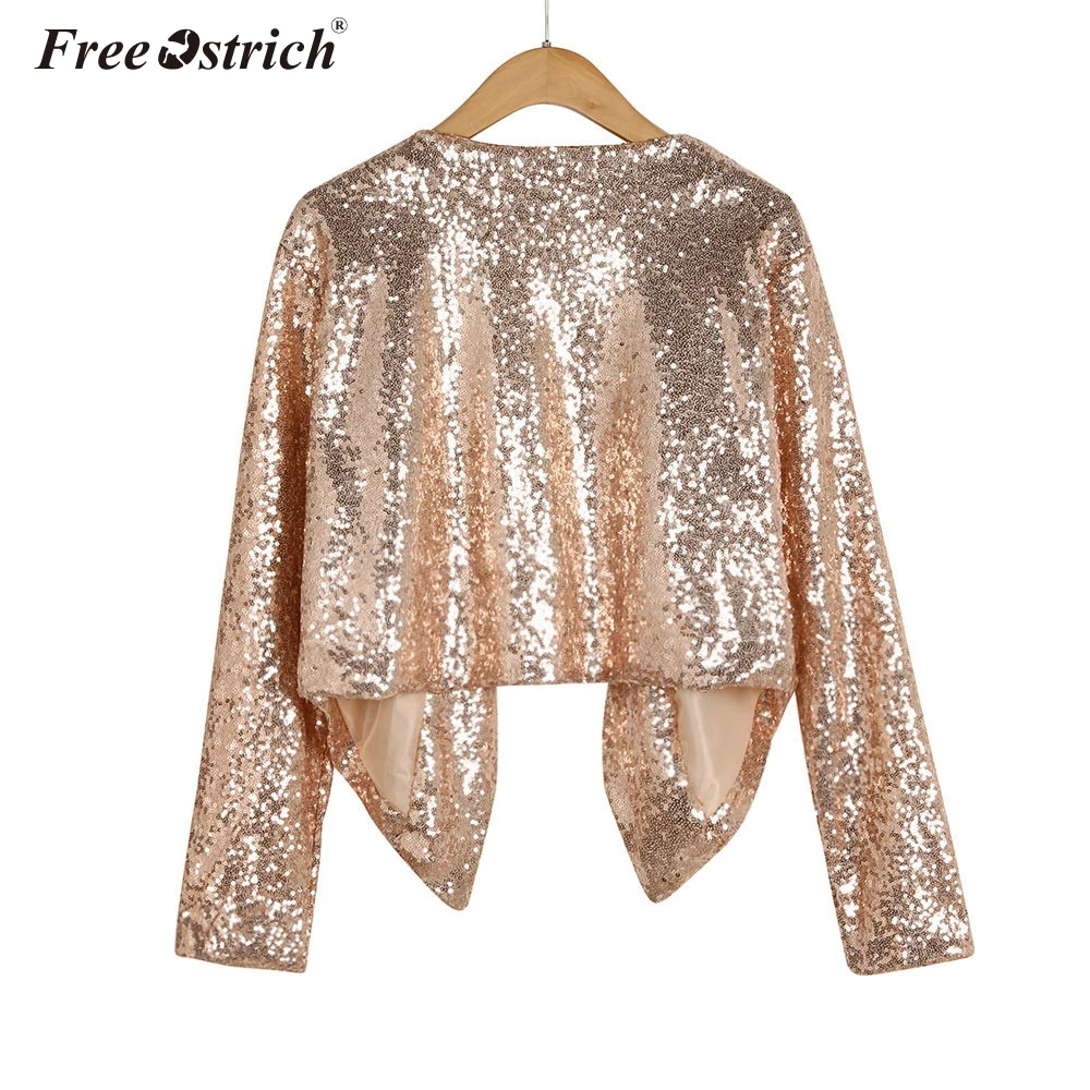 discount  Free Ostrich Jacket Autumn Spring Fashion Short Cardigan Women Gold Sequins Long Sleeve Irregular O