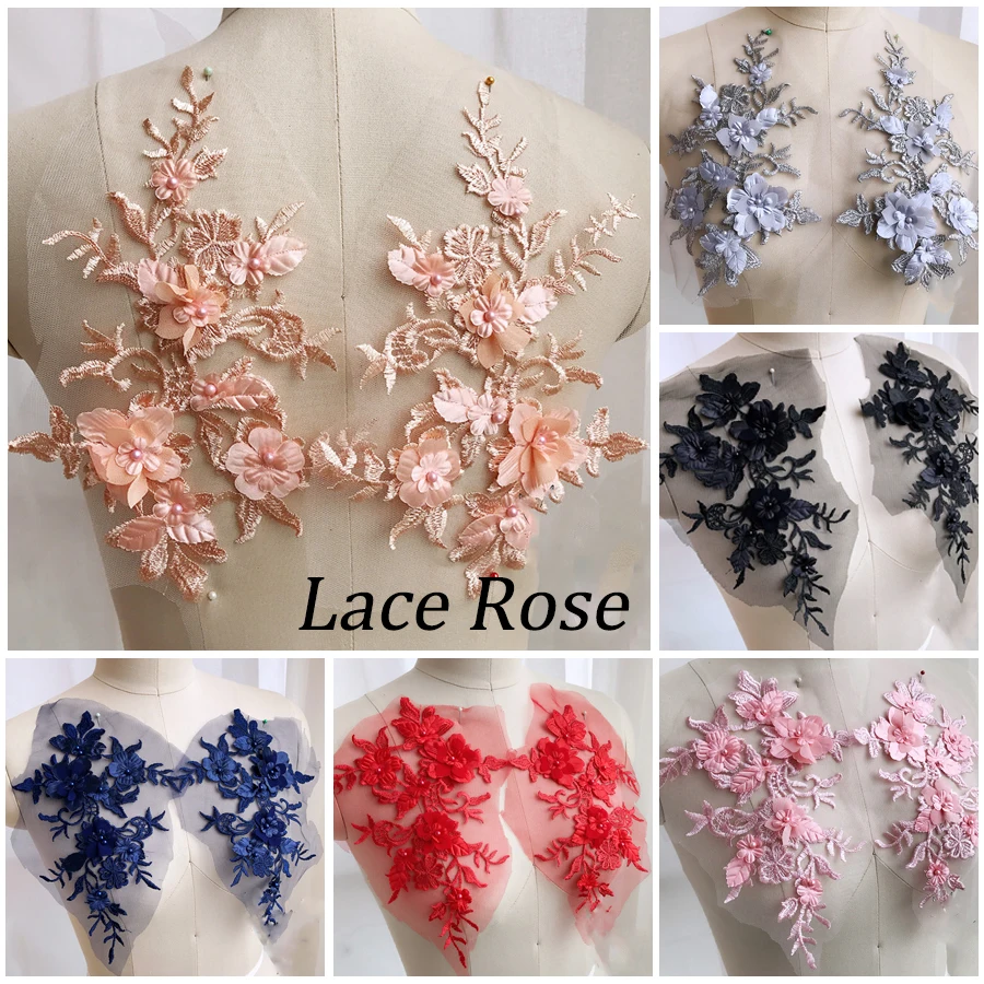 

1pair Sequins Beaded 3D Flowers Patch Lace Applique Sew On Floral Embroidery Patch Costume For Wedding/Evening Dress Accessories