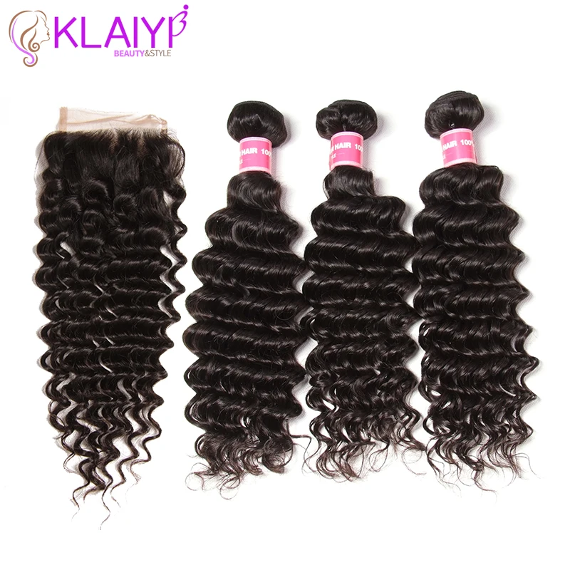 

Klaiyi Malaysian Deep Wave Bundles With Closure 4X4 Free Part 100% Human Hair 3 Bundles With Closure 4Pcs Remy Hair Weave
