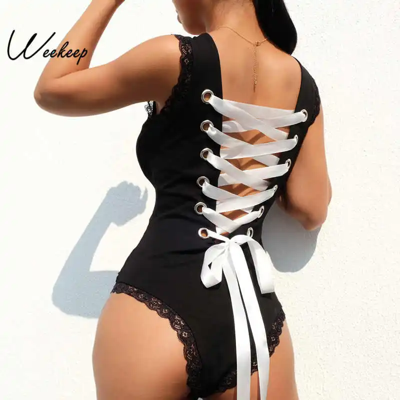 Günstig Weekeep Sexy Bandage Zurück Aushöhlen Body Frauen Bodycon Ärmellose Spitze Bodys 2018 Clubwear Romper Frauen Overalls