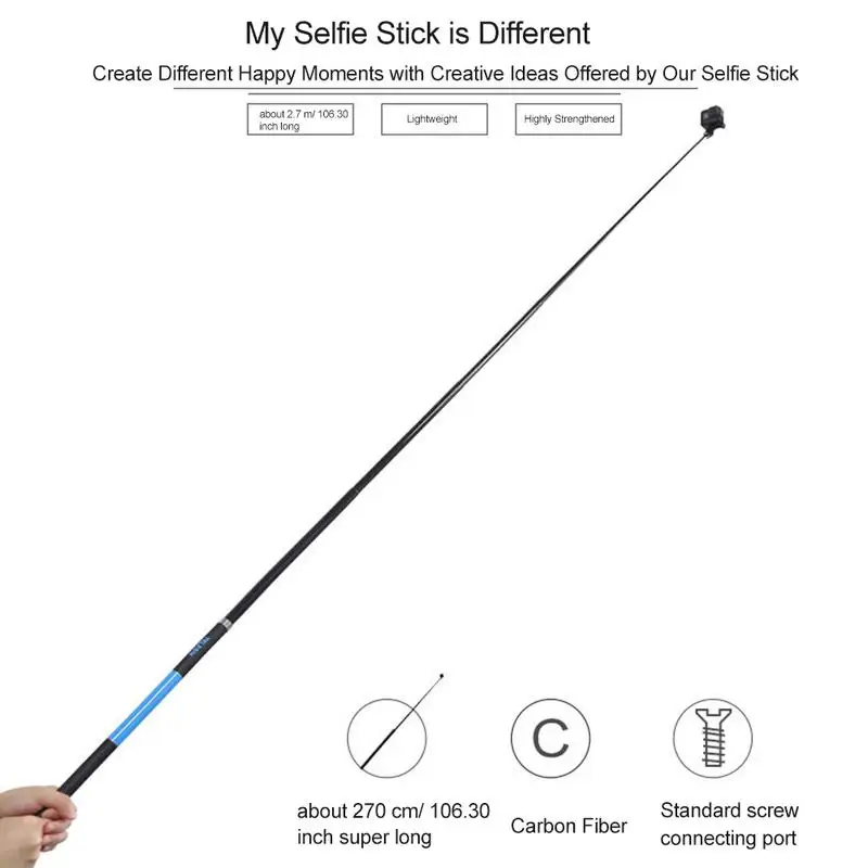 2.7M Super Long Carbon Fiber Selfie Stick For GoPro / YI / SJCAM Action Cameras Accessories Stretched Wired Control Take Photos
