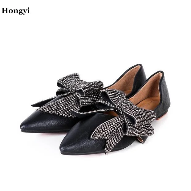 

New arrival Cheap Price Pu leather Pointed toe Flat With Shoes Women Comfortable Big Bowknot Flats Crystal Bowtie Casual Shoes