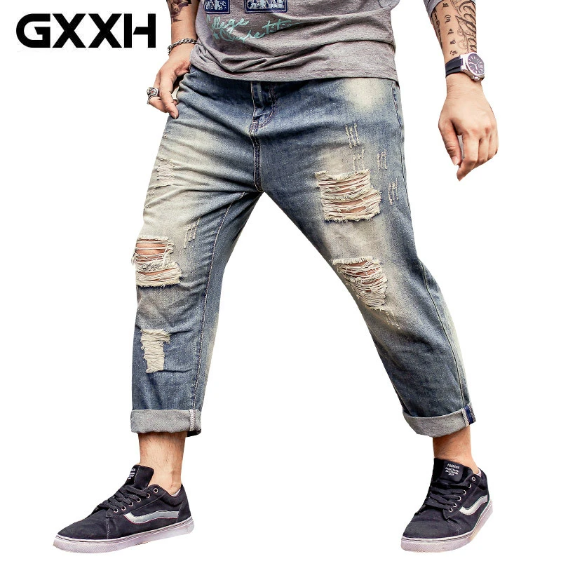

Spring Mens Ankle Length Trendy Jeans Size 38 44 48 6XL 7XL 8XL Big Tall Men's Designer Denim Ripped Holes Distressed Man Jeans