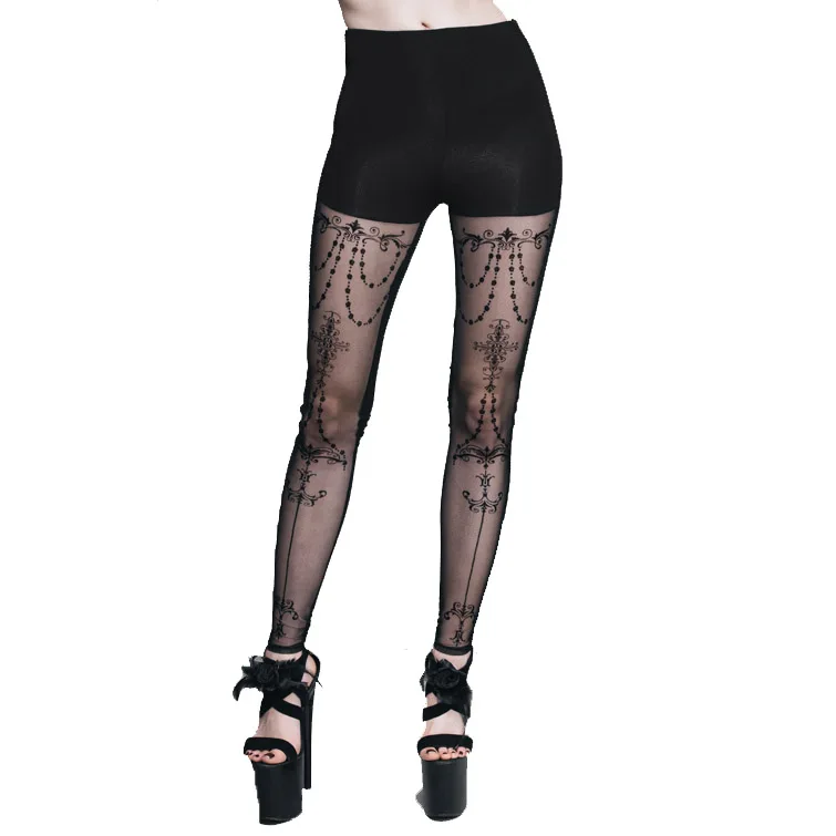 

EVA LADY Gothic Women's Leggings Black See Through Pants Sexy Lady Palace Court Party Long Leggings