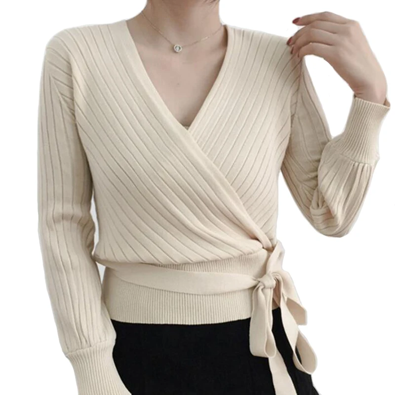 

Korean Style Autumn Winter Corss Bandage Belt Sweater Jumper Lady Office V Neck Short Sweater Long Sleeved Pull Femme