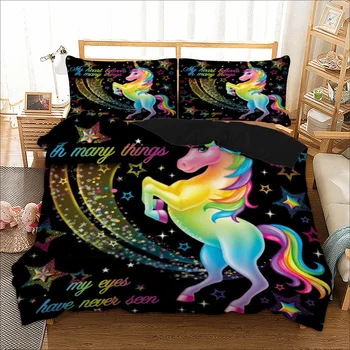 

BEST.WENSD New Super soft Star Colour Horse Bedding Set Twin Full Quee king Coloured Unicorn Bed Set 3pcs Duvet cover+pillowcase