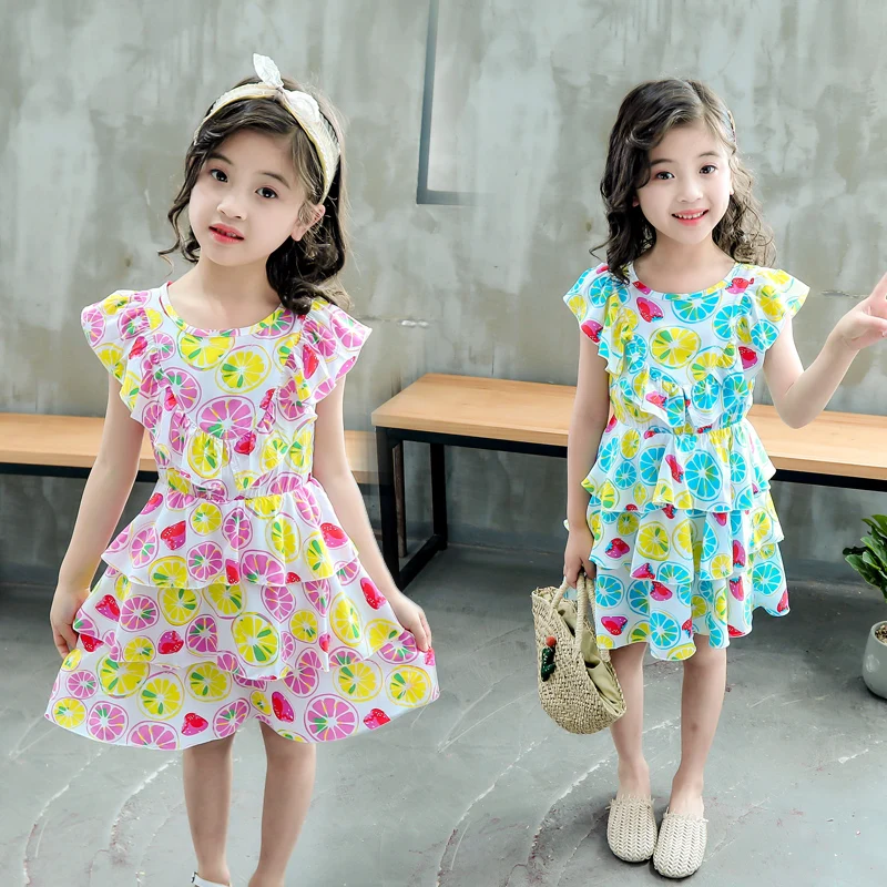 

Summer Clothes Baby Girls Casual Dress Fruit Lemon Pattern Sleeveless Layered Dress Cotton Kids Toddler Sundress Beach Dress