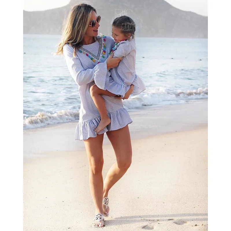 NASHAKAITE-Mother-and-daughter-clothes-Short-Sleeve-Stripe-Tassel-Mini-Dress-Mom-and-daughter-dress-Family (5)