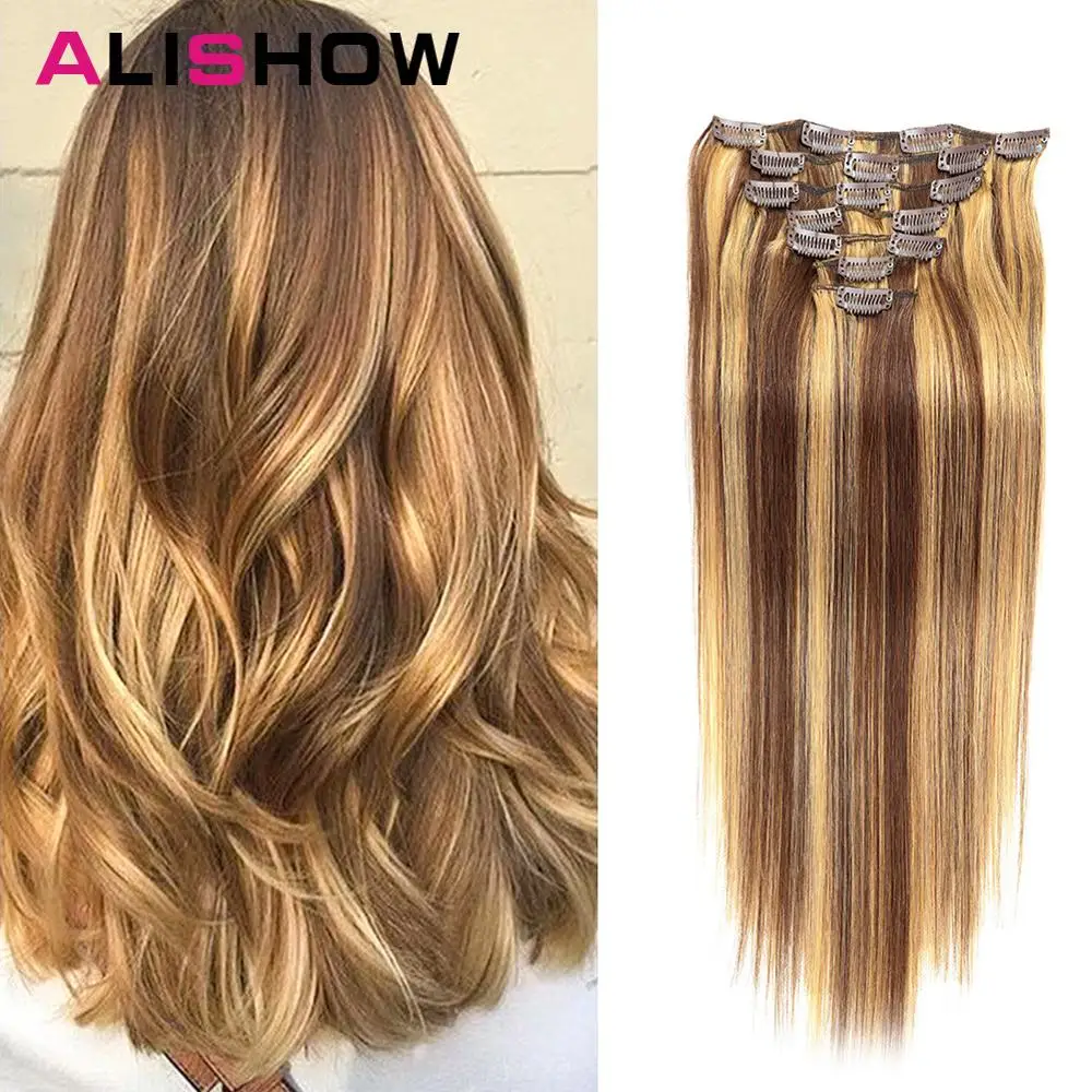  Alishow Clip In Human Hair Extensions Straight Full Head Set 7pcs 100g Machine Made Remy Hair Clip 