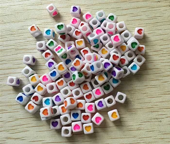 

wholesale 7MM/6MM(Choose size) White Acrylic Cube Beads with mix color heart For Jewelry making (hole:4mm)