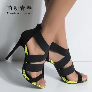 

Size 35-40 Women Pumps Sexy Fluorescence Green Serpentine Open Toe Thin Heel Sandals Gladiator Stretch Fabric Summer Party Pumps
