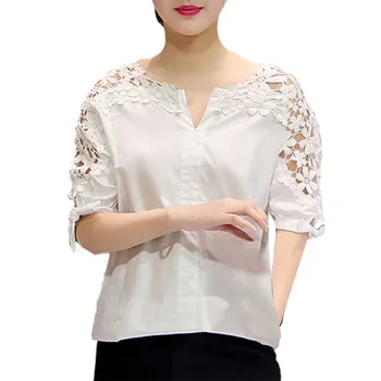 

Plus Size Summer Women Solid Hollow Out Blouse Shirt Top Women Casual Cotton Half Sleeve V-neck Shirts Tops A