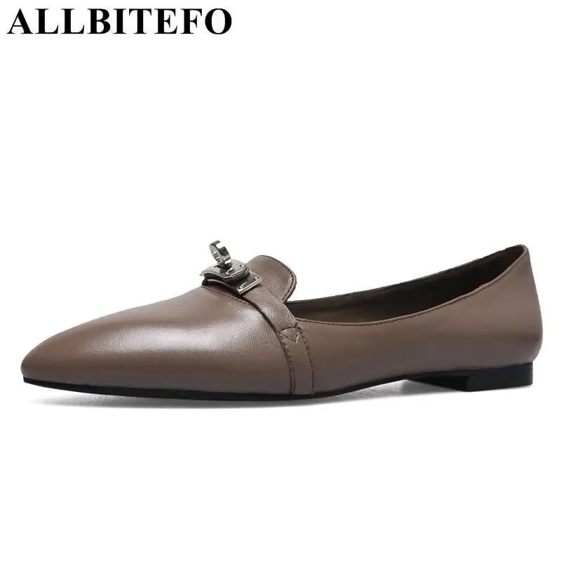 

ALLBITEFO brand full genuine leather comfortable womens shoes flats shoes spring girls flat iron pointed toe women flats