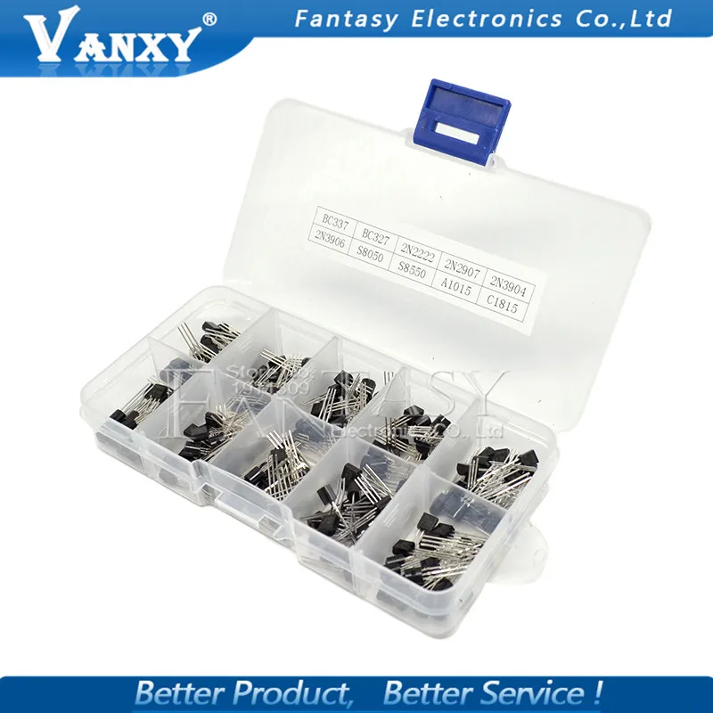 

10value 200PCS BC337 BC327 2N2222 2N2907 2N3904 2N3906 S8050 S8550 A1015 C1815 Transistor Assortment Kit Transistors Box Pack