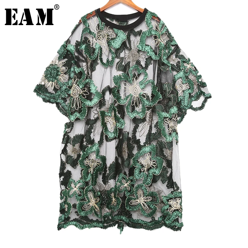 

[EAM] 2019 New Spring Summer Round Neck Three-quarter Sleeve Green Temperament Organza Big SizeDress Women Fashion Tide JU740