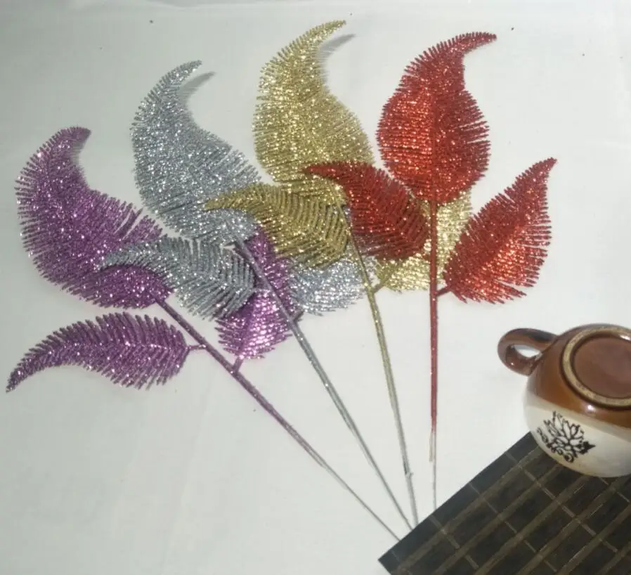 20pcs 37cm Glitter Powder Horsetail Shape Leaf Branch Flower Arrangement For Christmas Party Tree Venun Hanging Decoration | Дом и сад