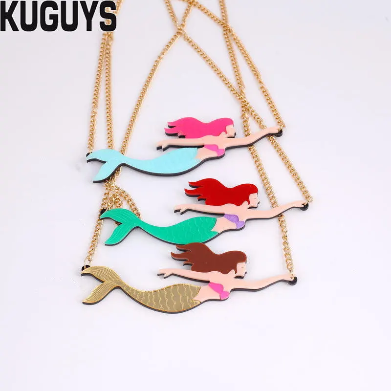 

KUGUYS Cute Mermaid Big Pendant Necklaces for Women Fashion Jewelry Link Chain Trendy Blue Gold Green Fairy Necklace Accessories