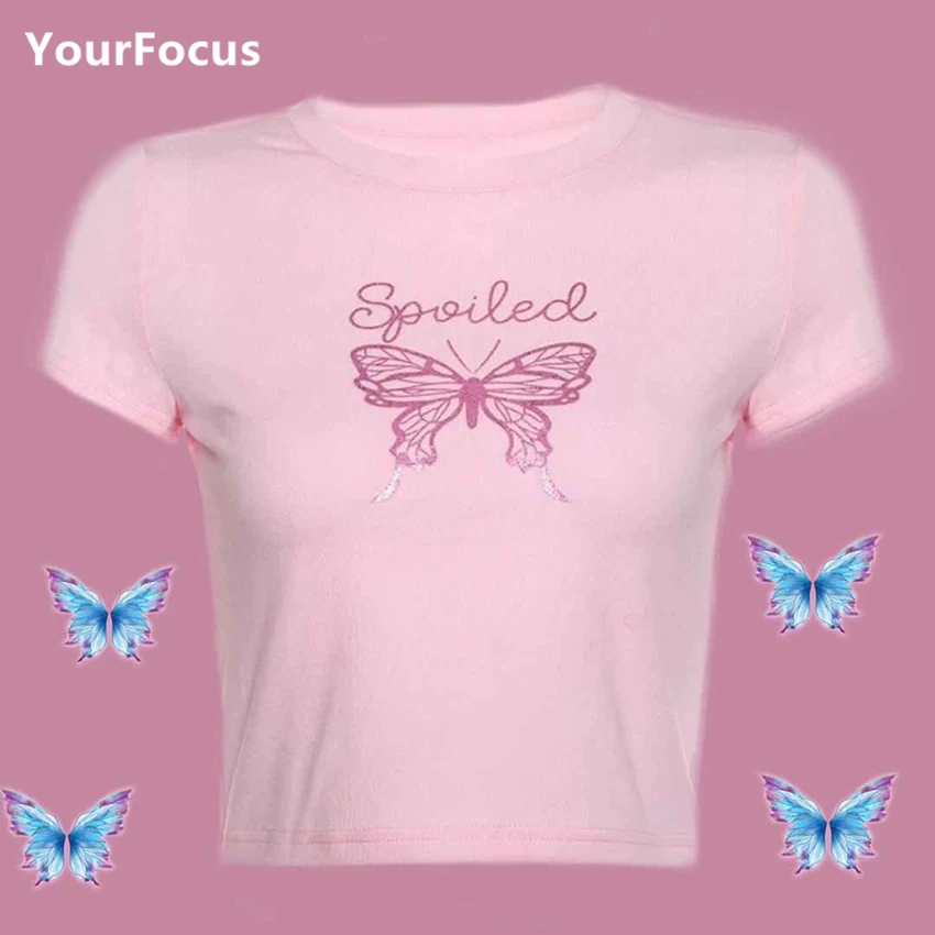 

Summer cute sweet kawaii pink shining butterfly print crop tops tshirt women short tight cropped