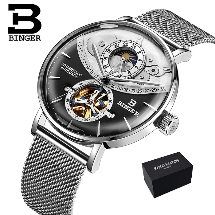 Швейцарские мужские часы Бингер автоматические механические мужские часы люксовый бренд Сапфир Relogio Masculino водонепроницаемые мужские часы - Цвет: steel black